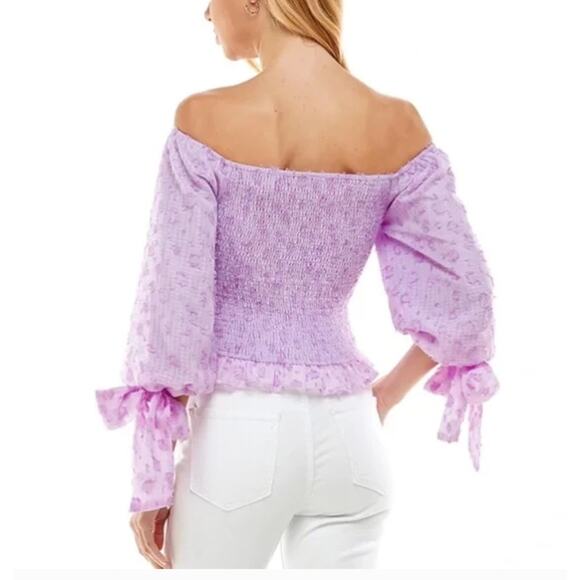 TCEC Purple Small Gingham Cropped Smocked Off The Shoulder Top Blouse 3/4 Sleeve - Picture 10 of 11